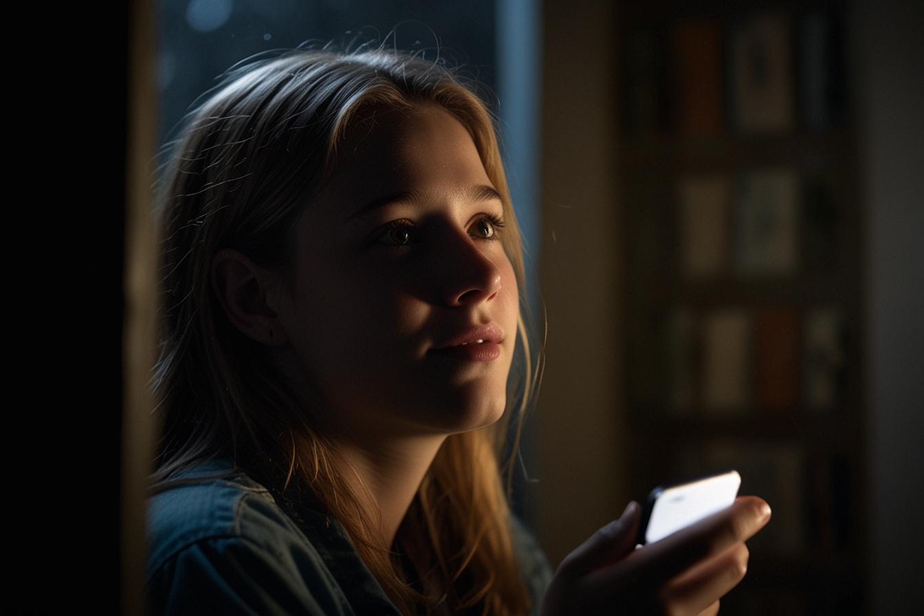 Girl Looking Up Holding Phone In Dark Sd