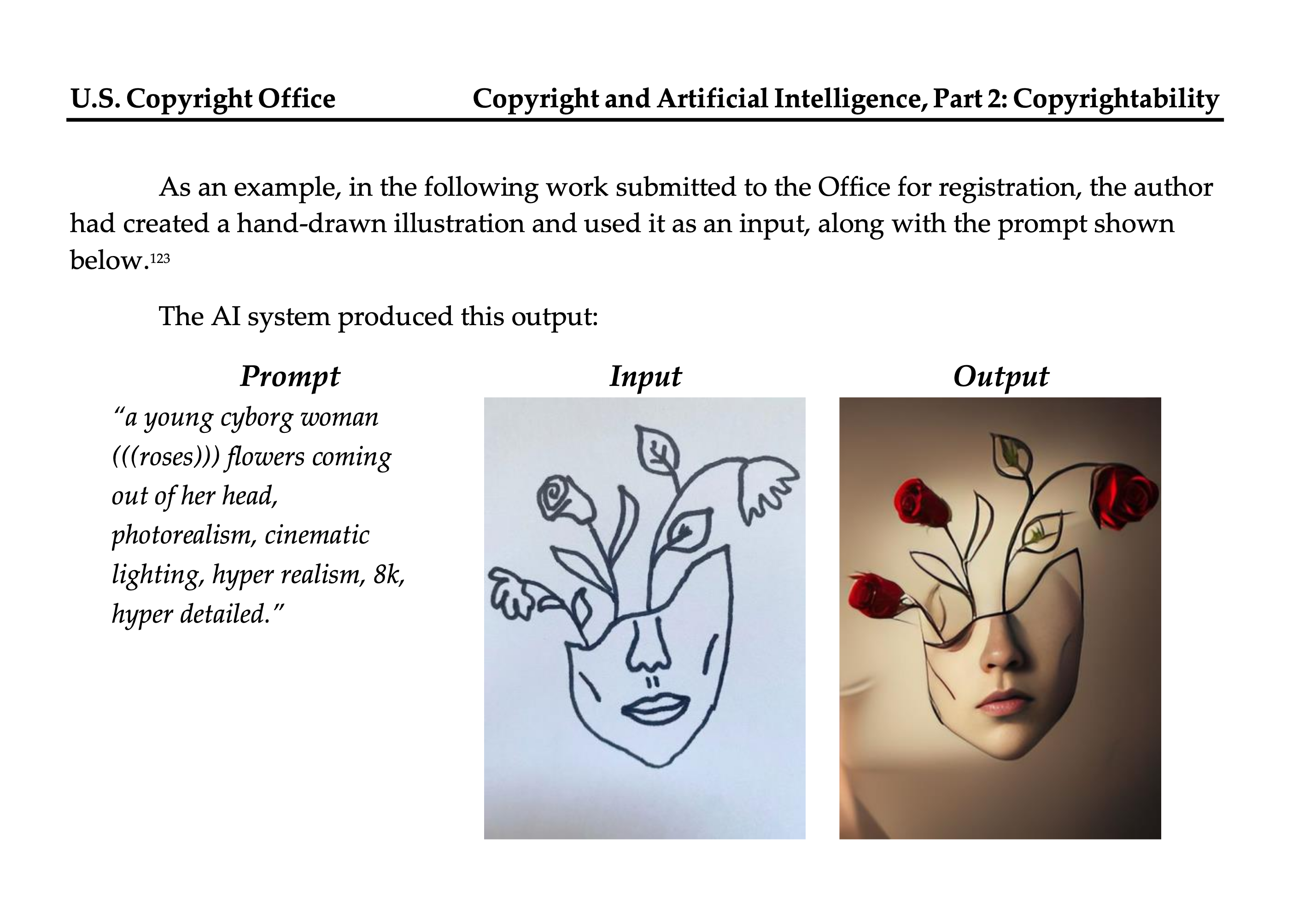 Copyright Office example: prompt, hand-drawn input, AI output