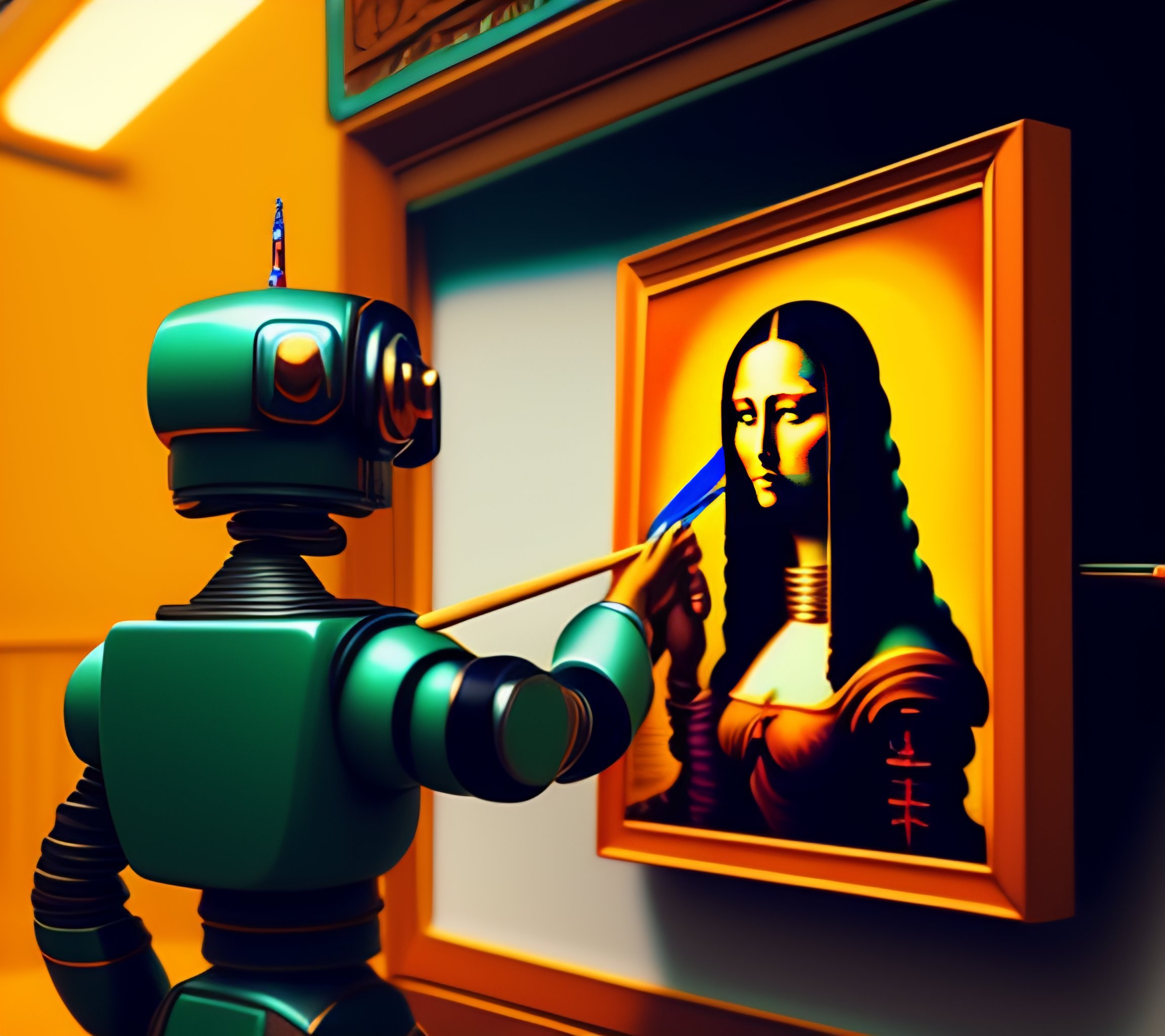 Stable Diffusion image of robot painting Mona Lisa